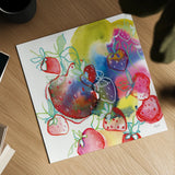 Falling Strawberries by Kristy Rice. Shown as a detailed flat fine art print, highlighting archival giclee quality. Available as an archival giclee rolled canvas, fine art paper, or poster print. SKU 101998a.