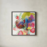 Falling Strawberries by Kristy Rice. Shown in a sleek black glass frame for a contemporary gallery look. Available as an archival giclee rolled canvas, fine art paper, or poster print. SKU 101998a.