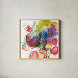 Falling Strawberries by Kristy Rice. Shown in a natural wood glass frame for a timeless modern aesthetic. Available as an archival giclee rolled canvas, fine art paper, or poster print. SKU 101998a.