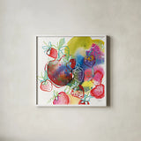 Falling Strawberries by Kristy Rice. Shown in a crisp white glass frame for a clean and minimalist style. Available as an archival giclee rolled canvas, fine art paper, or poster print. SKU 101998a.