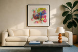 Falling Strawberries by Kristy Rice. Displayed in a glass frame with matte in a clean modern living room. Available as an archival giclee rolled canvas, fine art paper, or poster print. SKU 101998a.