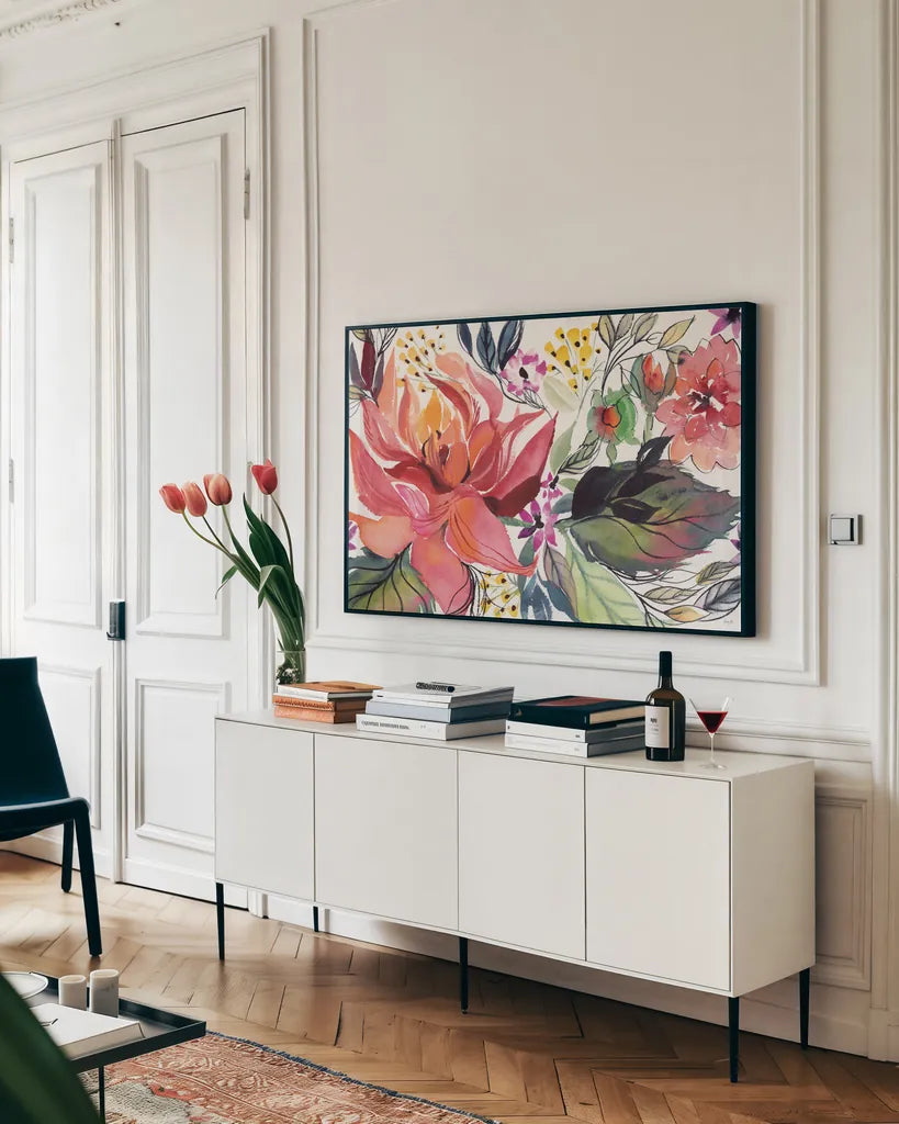 Flame Floral by Kristy Rice. shown as a framed stretched canvas in a living room above a console. Available as a archival giclee rolled canvas, fine art paper, or poster print. SKU 93467i.
