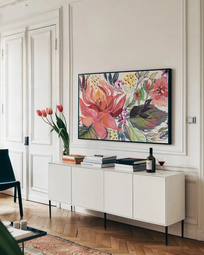 Flame Floral by Kristy Rice. shown as a framed stretched canvas in a living room above a console. Available as a archival giclee rolled canvas, fine art paper, or poster print. SKU 93467i.