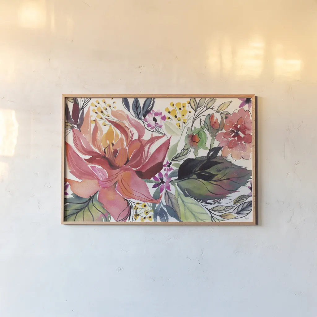 Flame Floral by Kristy Rice. shown as a paper print in a natural frame. Available as a archival giclee rolled canvas, fine art paper, or poster print. SKU 93467i.
