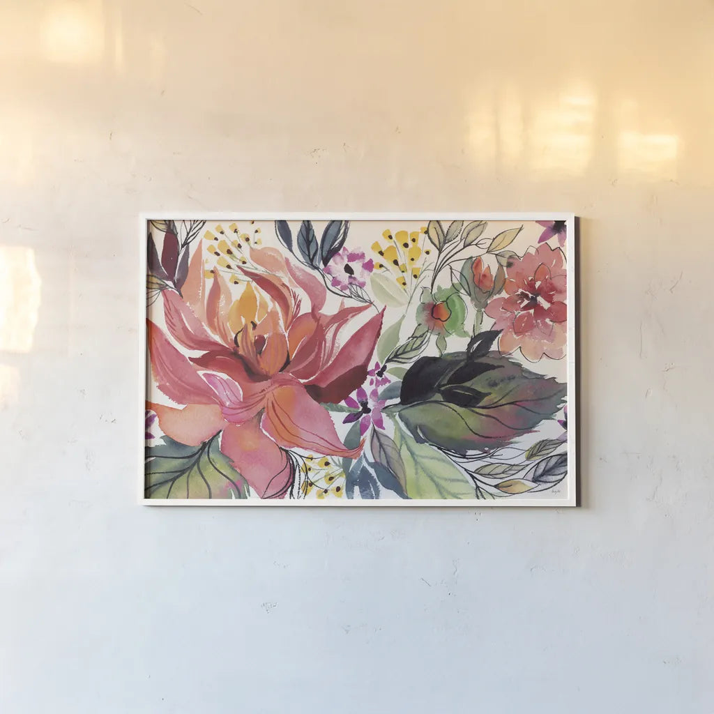 Flame Floral by Kristy Rice. shown as a paper print in a white frame. Available as a archival giclee rolled canvas, fine art paper, or poster print. SKU 93467i.