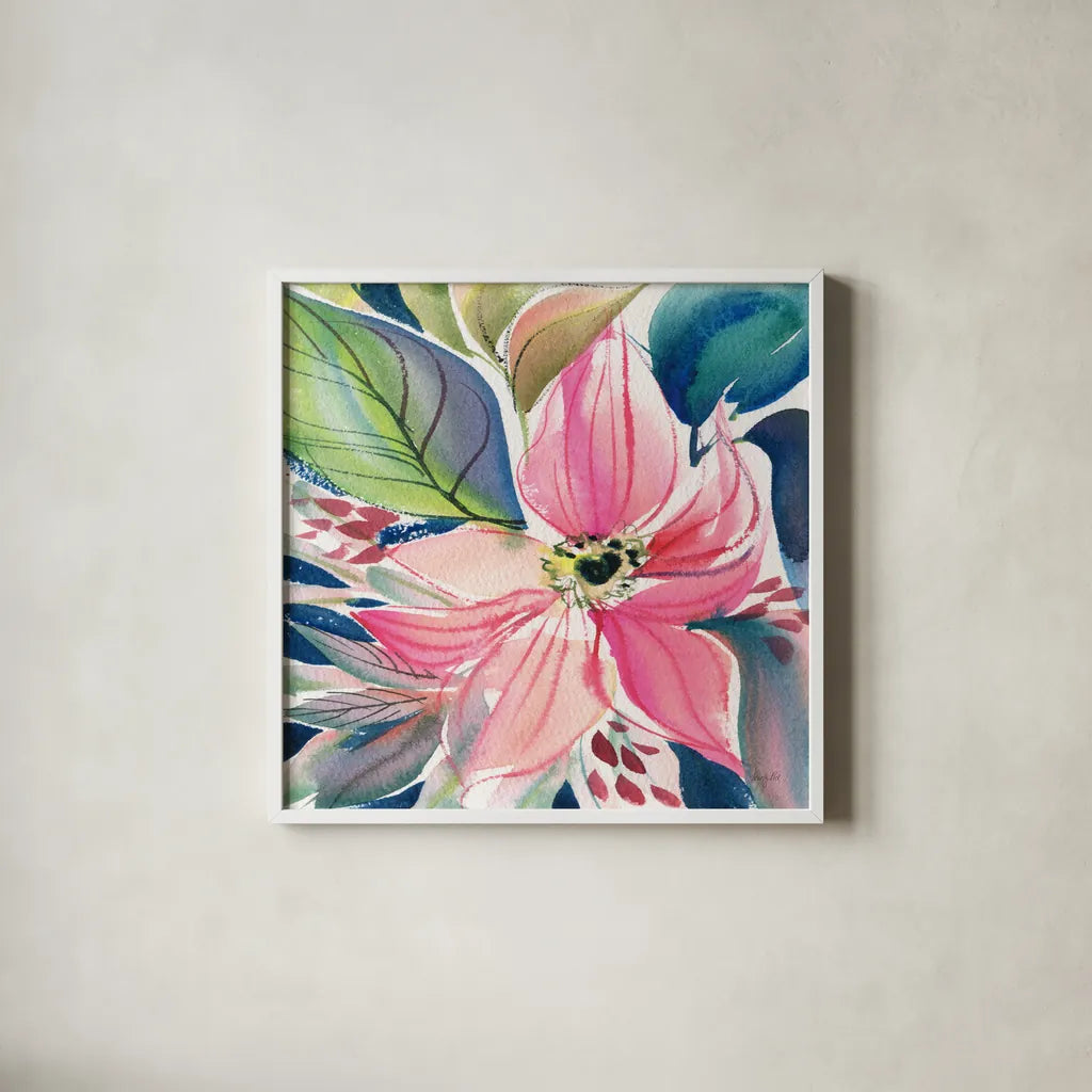 Floral Burst I by Kristy Rice. Shown in a crisp white glass frame for a clean and minimalist style. Available as an archival giclee rolled canvas, fine art paper, or poster print. SKU 91004a.