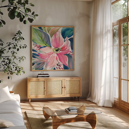 Floral Burst I by Kristy Rice. Shown in a natural wood frame in a cozy modern living room. Available as an archival giclee rolled canvas, fine art paper, or poster print. SKU 91004a.