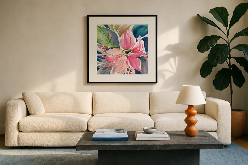 Floral Burst I by Kristy Rice. Displayed in a glass frame with matte in a clean modern living room. Available as an archival giclee rolled canvas, fine art paper, or poster print. SKU 91004a.