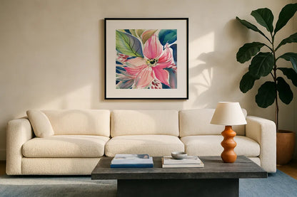 Floral Burst I by Kristy Rice. Displayed in a glass frame with matte in a clean modern living room. Available as an archival giclee rolled canvas, fine art paper, or poster print. SKU 91004a.