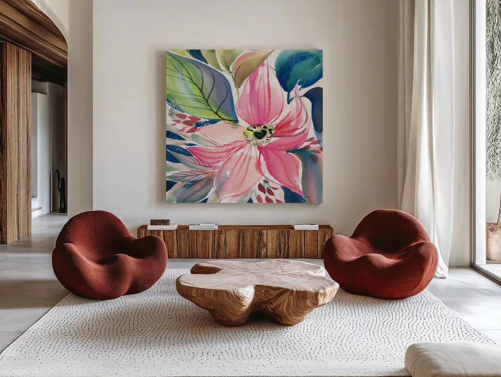 Floral Burst I by Kristy Rice. Shown as extra-large giant wall art in a modern living room. Available as an archival giclee rolled canvas, fine art paper, or poster print. SKU 91004a.