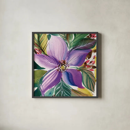 Floral Burst II by Kristy Rice. Shown in a sleek black glass frame for a contemporary gallery look. Available as an archival giclee rolled canvas, fine art paper, or poster print. SKU 91005a.