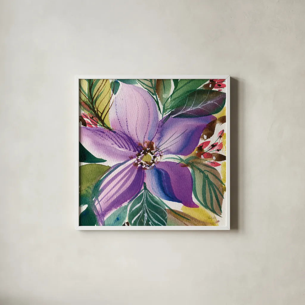 Floral Burst II by Kristy Rice. Shown in a crisp white glass frame for a clean and minimalist style. Available as an archival giclee rolled canvas, fine art paper, or poster print. SKU 91005a.
