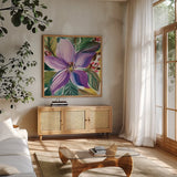 Floral Burst II by Kristy Rice. Shown in a natural wood frame in a cozy modern living room. Available as an archival giclee rolled canvas, fine art paper, or poster print. SKU 91005a.