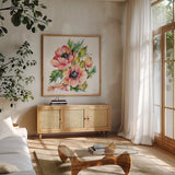 Floral Fantasy by Kristy Rice. Shown in a natural wood frame in a cozy modern living room. Available as an archival giclee rolled canvas, fine art paper, or poster print. SKU 93991a.