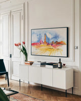 Formation by Kristy Rice. shown as a framed stretched canvas in a living room above a console. Available as a archival giclee rolled canvas, fine art paper, or poster print. SKU 88608i.