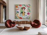 Fridas Flower Fancy I by Kristy Rice. Shown as extra-large giant wall art in a modern living room. Available as an archival giclee rolled canvas, fine art paper, or poster print. SKU 53334a.