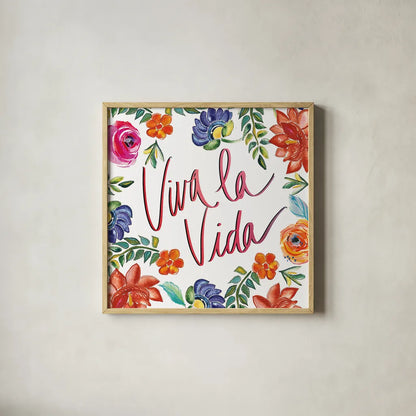 Fridas Flower Fancy II by Kristy Rice. Shown in a natural wood glass frame for a timeless modern aesthetic. Available as an archival giclee rolled canvas, fine art paper, or poster print. SKU 53335a.