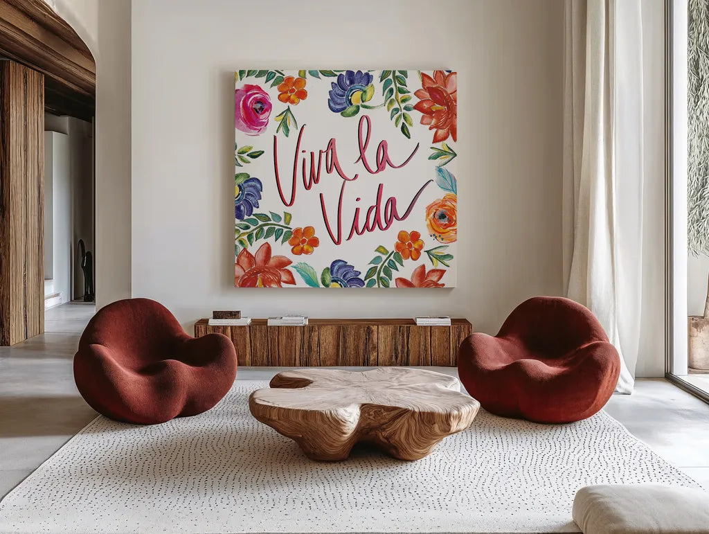 Fridas Flower Fancy II by Kristy Rice. Shown as extra-large giant wall art in a modern living room. Available as an archival giclee rolled canvas, fine art paper, or poster print. SKU 53335a.