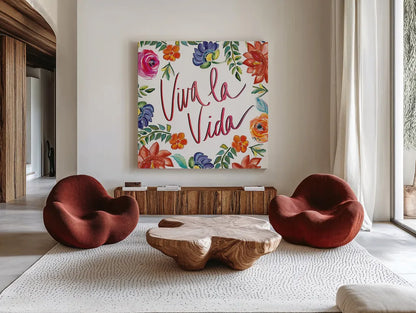 Fridas Flower Fancy II by Kristy Rice. Shown as extra-large giant wall art in a modern living room. Available as an archival giclee rolled canvas, fine art paper, or poster print. SKU 53335a.