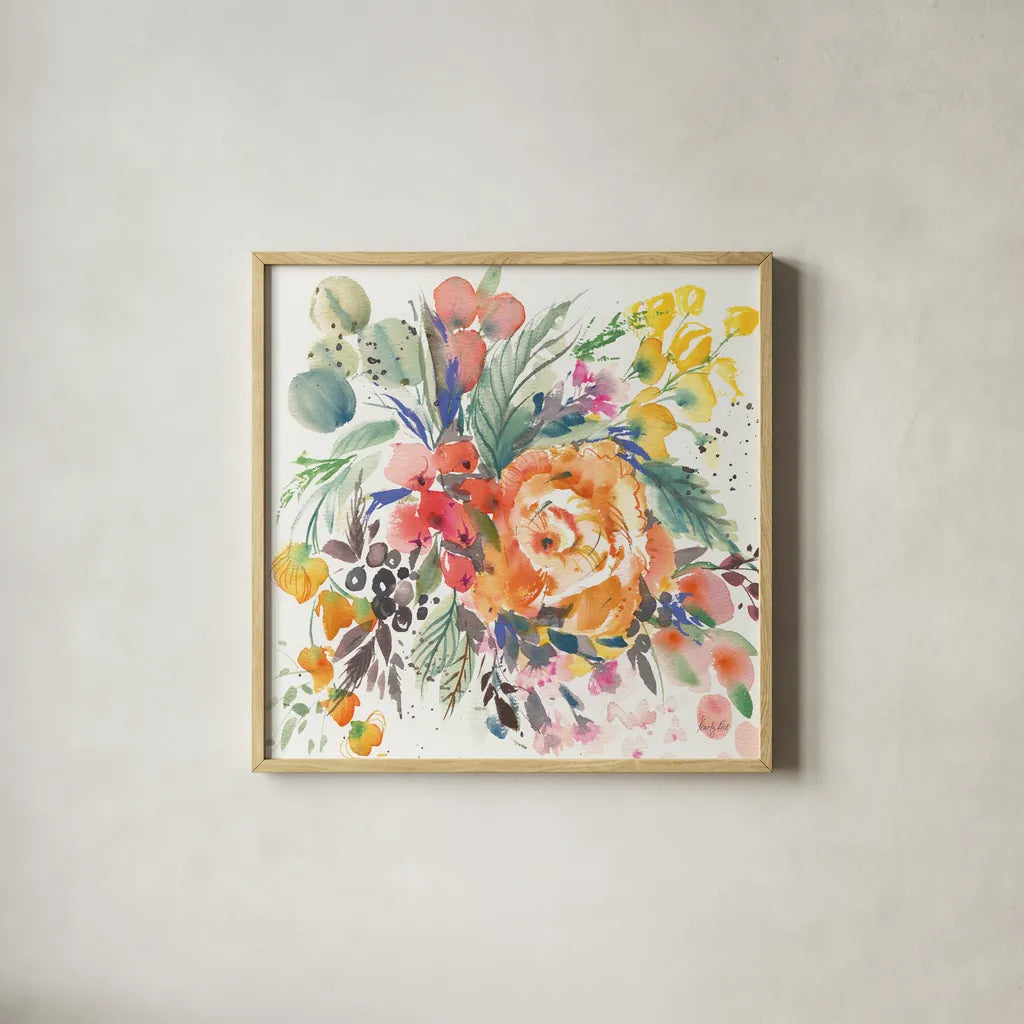 Garden Rose by Kristy Rice. Shown in a natural wood glass frame for a timeless modern aesthetic. Available as an archival giclee rolled canvas, fine art paper, or poster print. SKU 90499a.