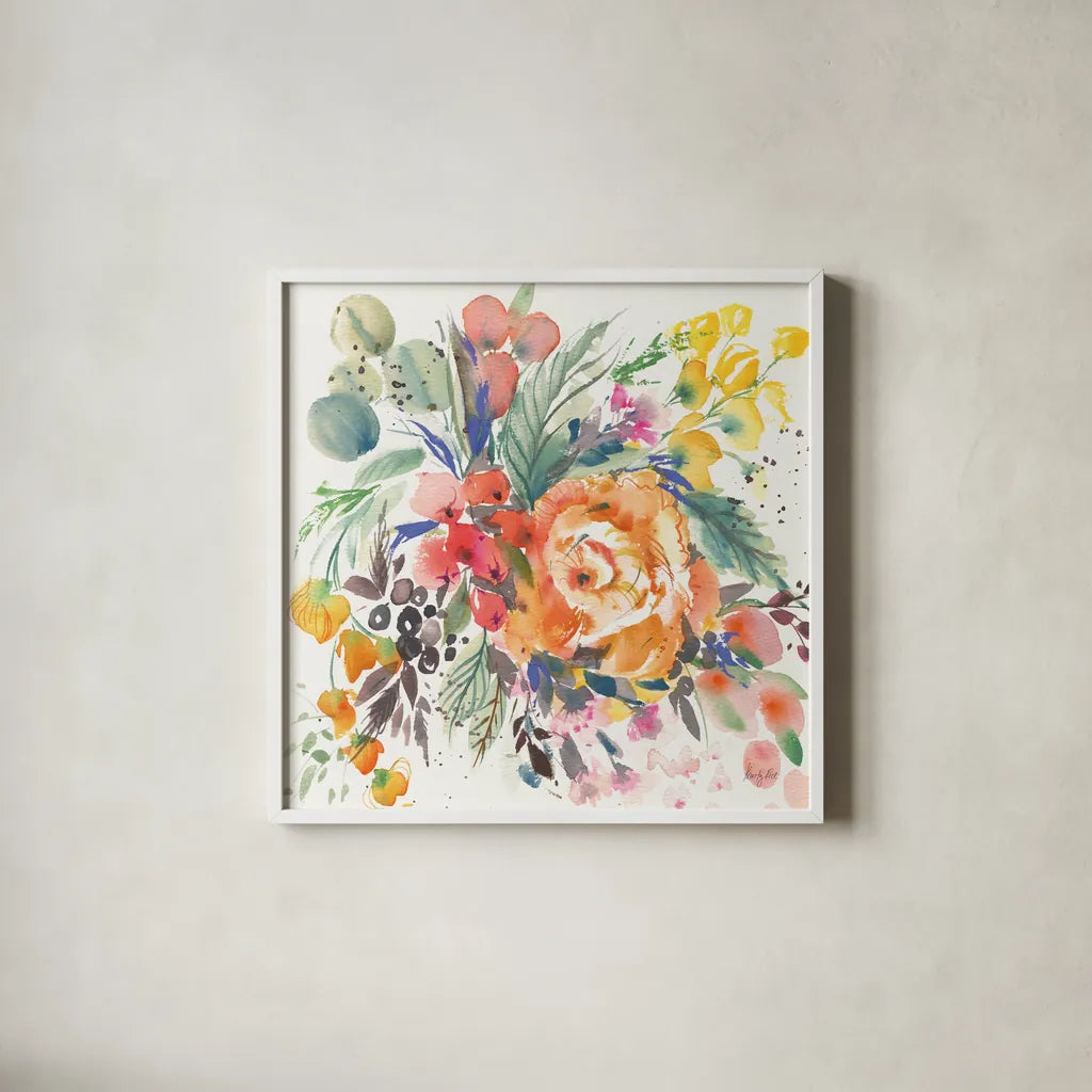 Garden Rose by Kristy Rice. Shown in a crisp white glass frame for a clean and minimalist style. Available as an archival giclee rolled canvas, fine art paper, or poster print. SKU 90499a.