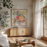Garden Rose by Kristy Rice. Shown in a natural wood frame in a cozy modern living room. Available as an archival giclee rolled canvas, fine art paper, or poster print. SKU 90499a.