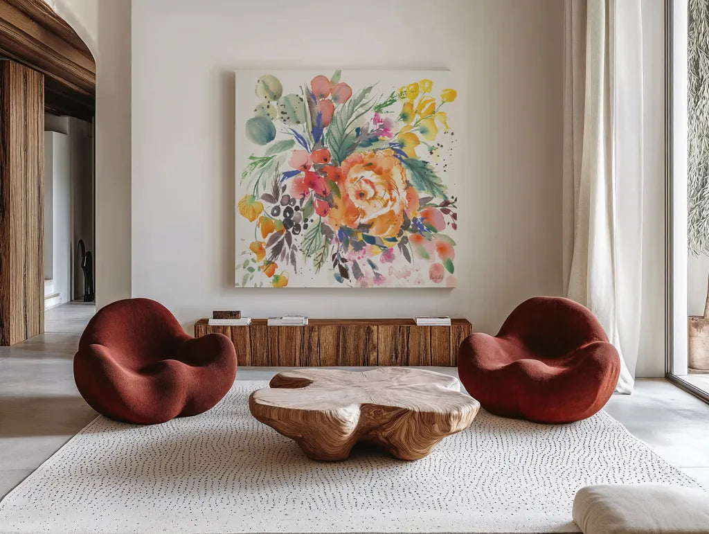 Garden Rose by Kristy Rice. Shown as extra-large giant wall art in a modern living room. Available as an archival giclee rolled canvas, fine art paper, or poster print. SKU 90499a.