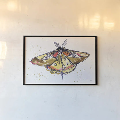 Golden Moth by Kristy Rice. shown as a paper print in a black flame. Available as a archival giclee rolled canvas, fine art paper, or poster print. SKU 94267i.