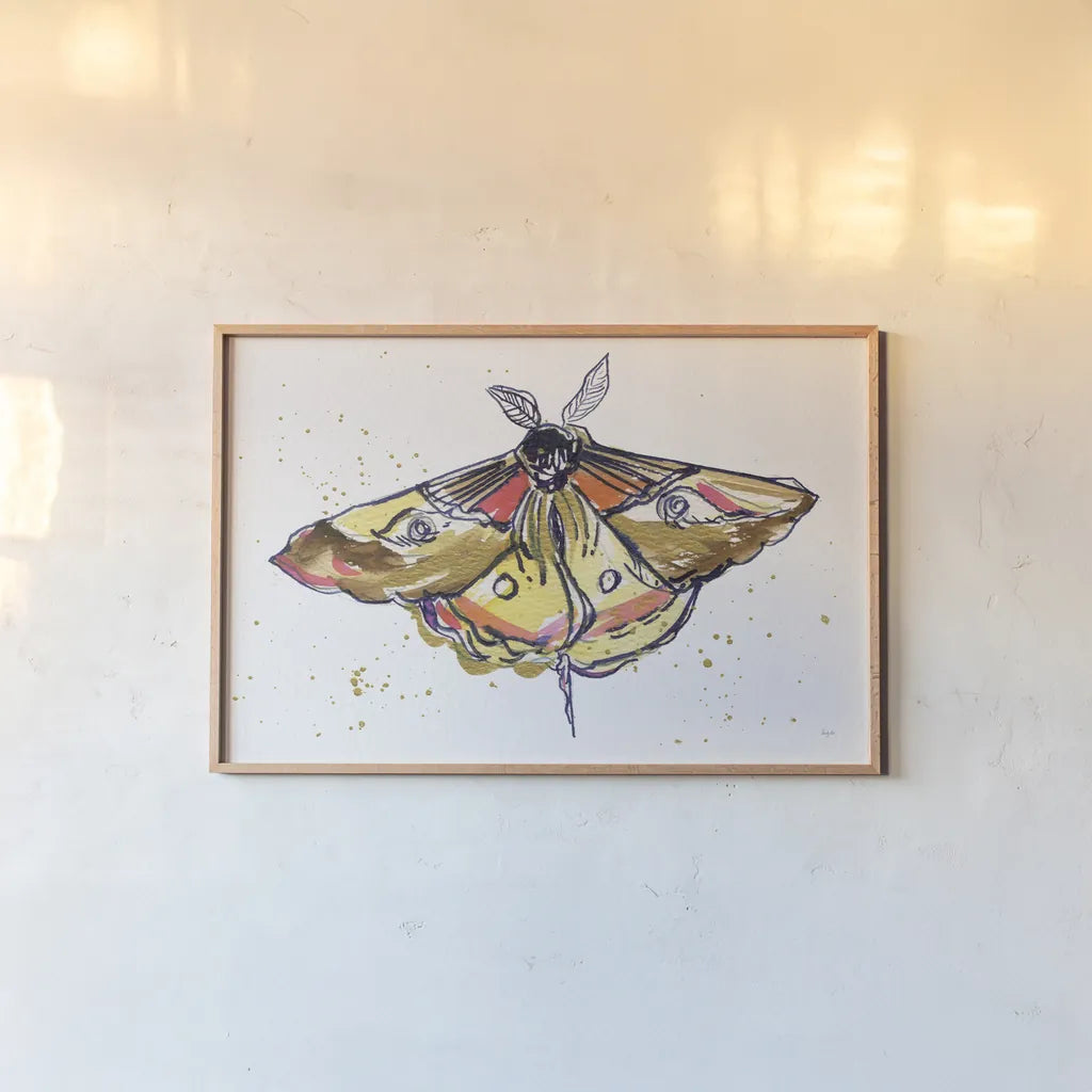 Golden Moth by Kristy Rice. shown as a paper print in a natural frame. Available as a archival giclee rolled canvas, fine art paper, or poster print. SKU 94267i.