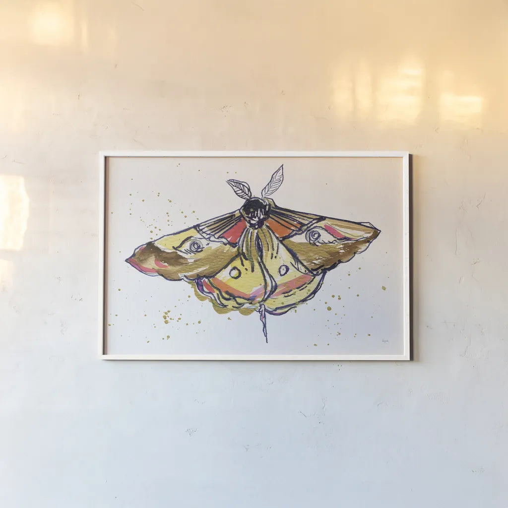 Golden Moth by Kristy Rice. shown as a paper print in a white frame. Available as a archival giclee rolled canvas, fine art paper, or poster print. SKU 94267i.