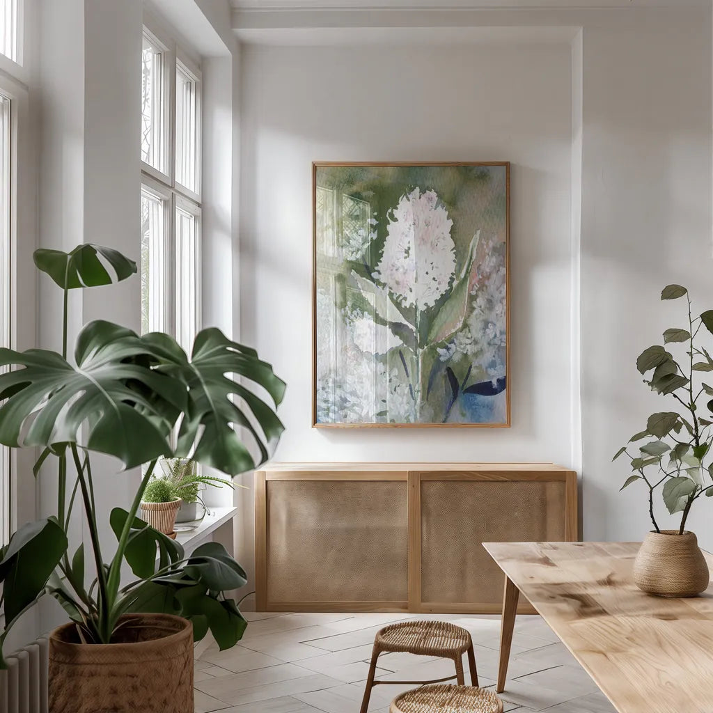 Graceful Garden by Kristy Rice. shown as a print in a natural wood frame in a dining room. Available as a archival giclee rolled canvas, fine art paper, or poster print. SKU 94213h.