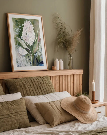 Graceful Garden by Kristy Rice. shown as a paper print in a natural frame. Available as a archival giclee rolled canvas, fine art paper, or poster print. SKU 94213h.