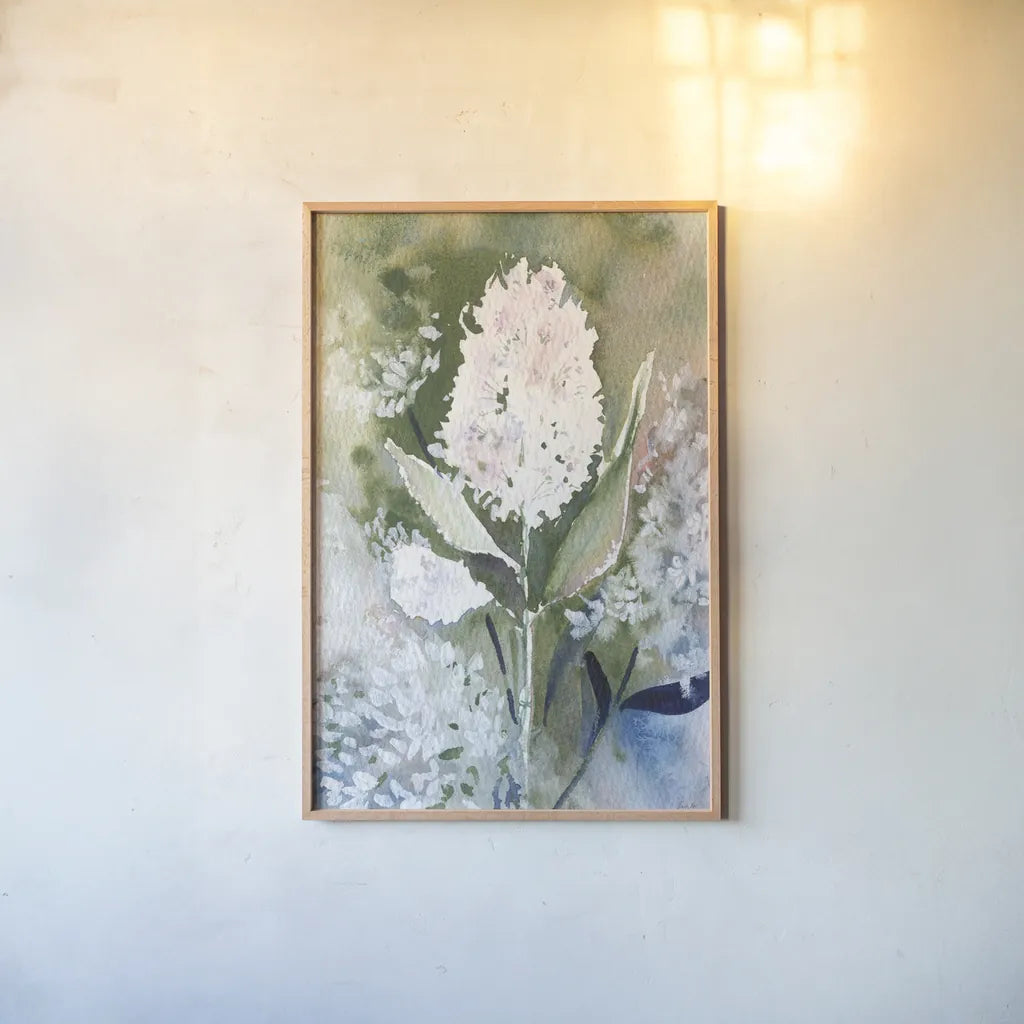 Graceful Garden by Kristy Rice. shown as a paper print in a natural frame. Available as a archival giclee rolled canvas, fine art paper, or poster print. SKU 94213h.