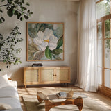 Graceful Peony by Kristy Rice. Shown in a natural wood frame in a cozy modern living room. Available as an archival giclee rolled canvas, fine art paper, or poster print. SKU 93993a.