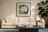 Graceful Peony by Kristy Rice. Displayed in a glass frame with matte in a clean modern living room. Available as an archival giclee rolled canvas, fine art paper, or poster print. SKU 93993a.