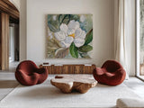 Graceful Peony by Kristy Rice. Shown as extra-large giant wall art in a modern living room. Available as an archival giclee rolled canvas, fine art paper, or poster print. SKU 93993a.