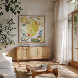 Harvest Rush I by Kristy Rice. Shown in a natural wood frame in a cozy modern living room. Available as an archival giclee rolled canvas, fine art paper, or poster print. SKU 41895a.