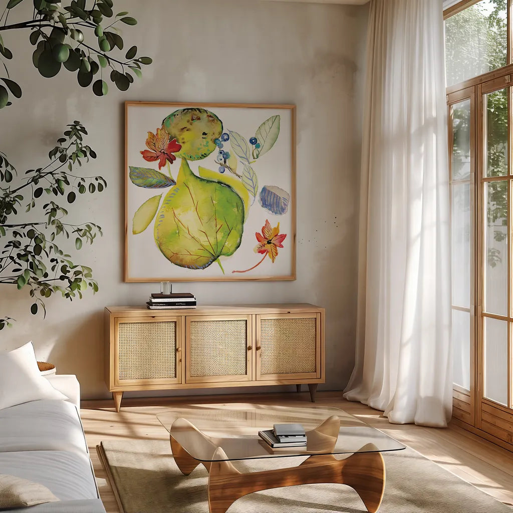 Harvest Rush II by Kristy Rice. Shown in a natural wood frame in a cozy modern living room. Available as an archival giclee rolled canvas, fine art paper, or poster print. SKU 41896a.