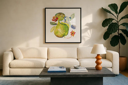 Harvest Rush II by Kristy Rice. Displayed in a glass frame with matte in a clean modern living room. Available as an archival giclee rolled canvas, fine art paper, or poster print. SKU 41896a.