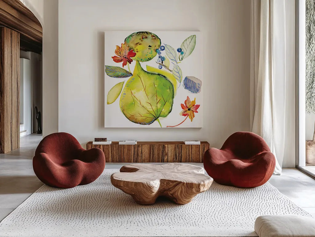 Harvest Rush II by Kristy Rice. Shown as extra-large giant wall art in a modern living room. Available as an archival giclee rolled canvas, fine art paper, or poster print. SKU 41896a.
