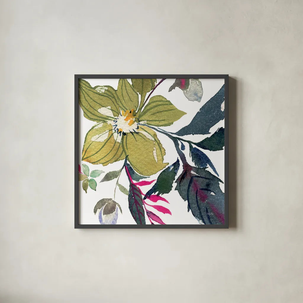 Hellebore Ya Doing I by Kristy Rice. Shown in a sleek black glass frame for a contemporary gallery look. Available as an archival giclee rolled canvas, fine art paper, or poster print. SKU 44116a.