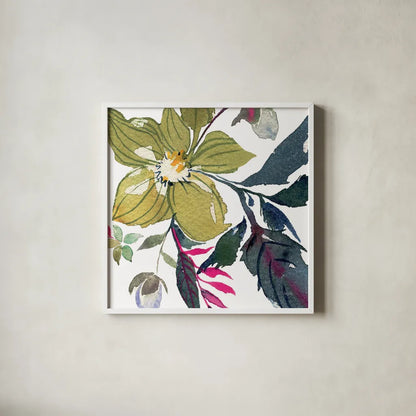 Hellebore Ya Doing I by Kristy Rice. Shown in a crisp white glass frame for a clean and minimalist style. Available as an archival giclee rolled canvas, fine art paper, or poster print. SKU 44116a.