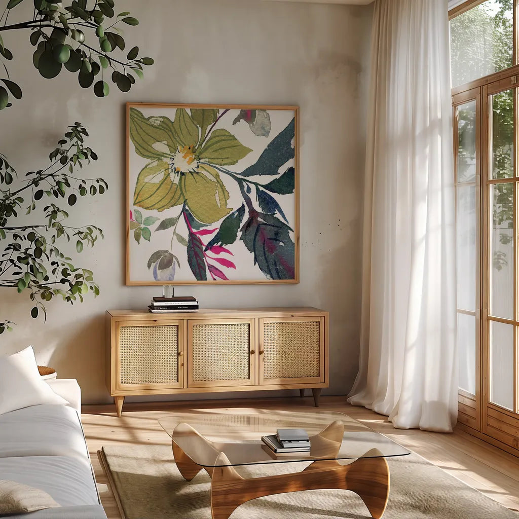 Hellebore Ya Doing I by Kristy Rice. Shown in a natural wood frame in a cozy modern living room. Available as an archival giclee rolled canvas, fine art paper, or poster print. SKU 44116a.