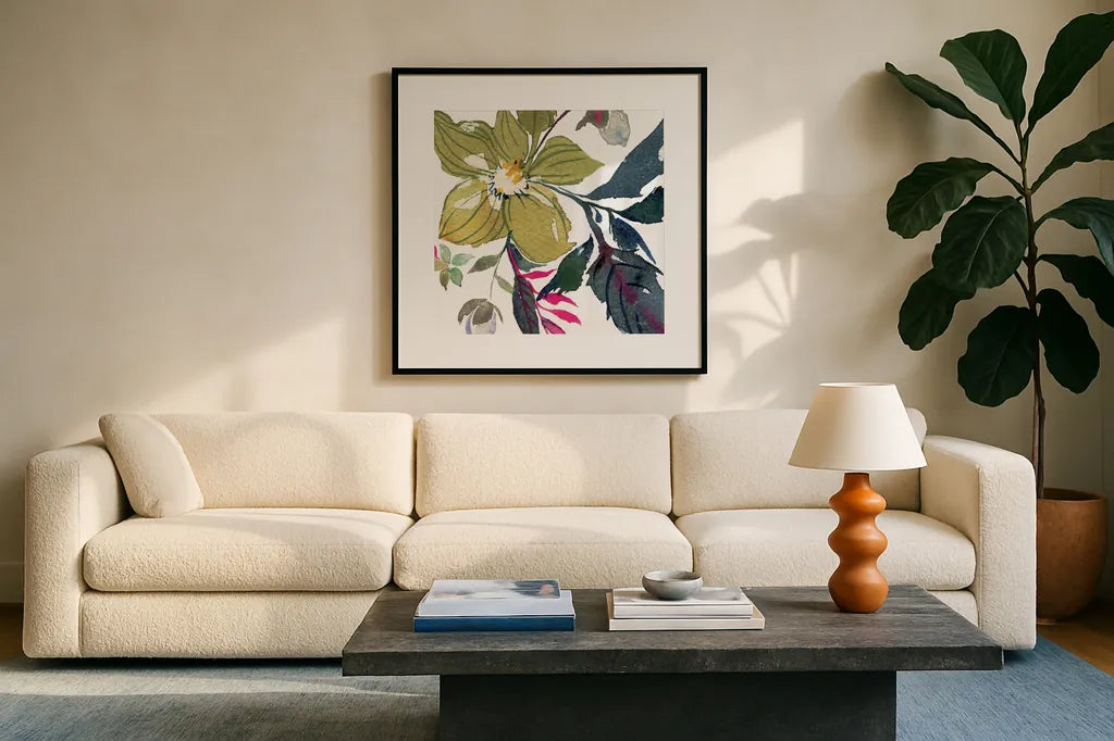 Hellebore Ya Doing I by Kristy Rice. Displayed in a glass frame with matte in a clean modern living room. Available as an archival giclee rolled canvas, fine art paper, or poster print. SKU 44116a.