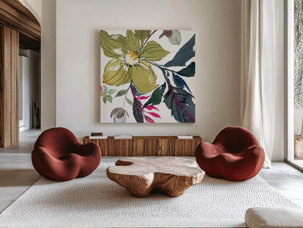 Hellebore Ya Doing I by Kristy Rice. Shown as extra-large giant wall art in a modern living room. Available as an archival giclee rolled canvas, fine art paper, or poster print. SKU 44116a.