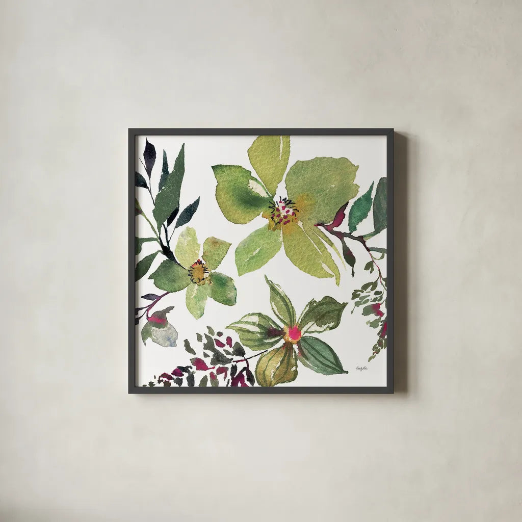 Hellebore Ya Doing II by Kristy Rice. Shown in a sleek black glass frame for a contemporary gallery look. Available as an archival giclee rolled canvas, fine art paper, or poster print. SKU 44117a.