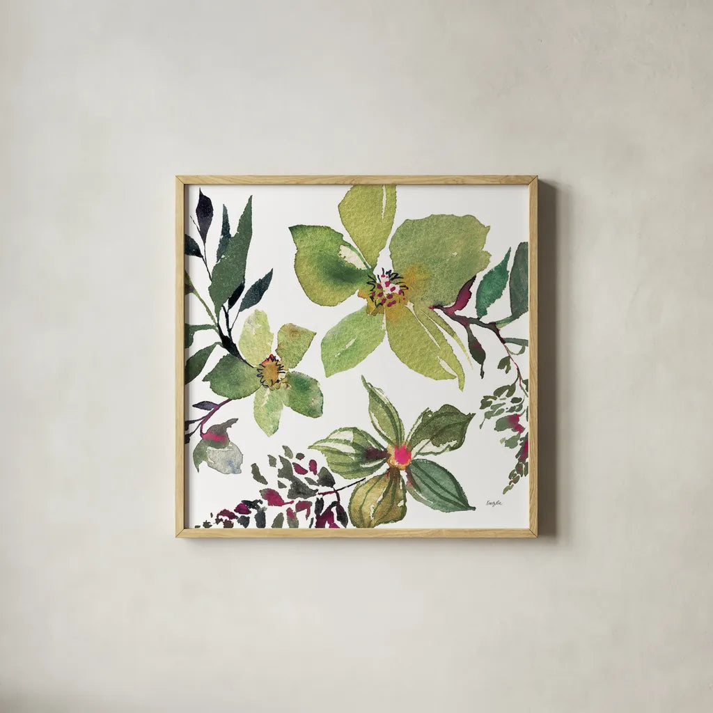 Hellebore Ya Doing II by Kristy Rice. Shown in a natural wood glass frame for a timeless modern aesthetic. Available as an archival giclee rolled canvas, fine art paper, or poster print. SKU 44117a.