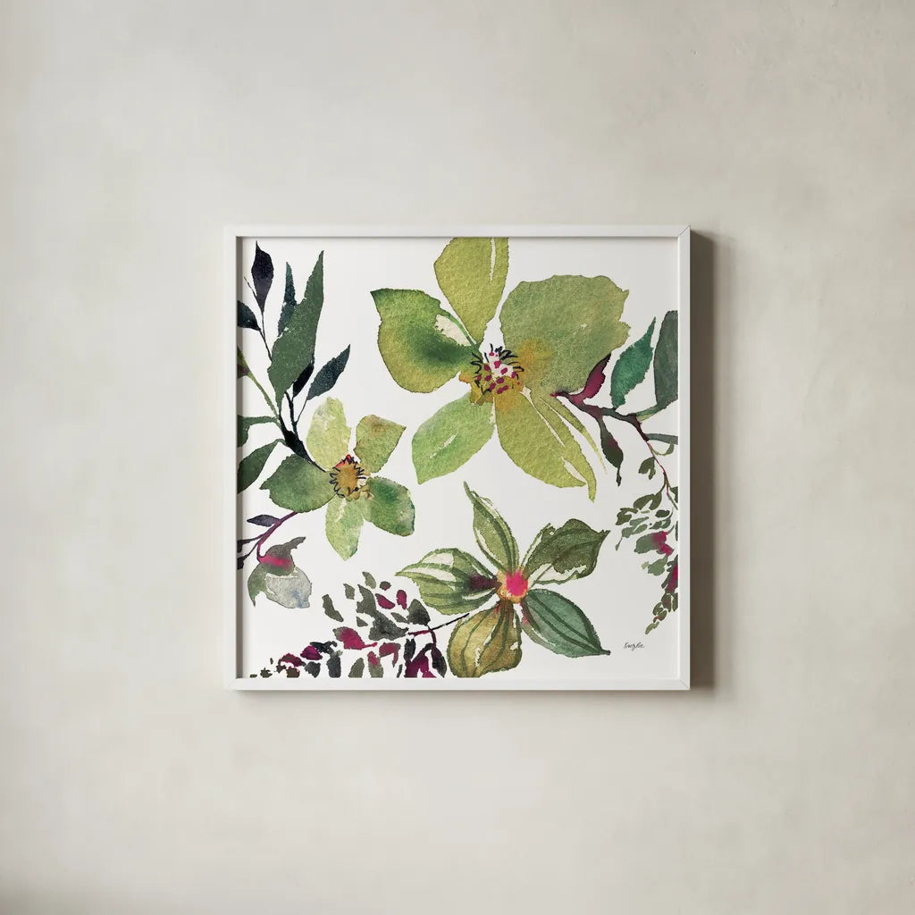 Hellebore Ya Doing II by Kristy Rice. Shown in a crisp white glass frame for a clean and minimalist style. Available as an archival giclee rolled canvas, fine art paper, or poster print. SKU 44117a.