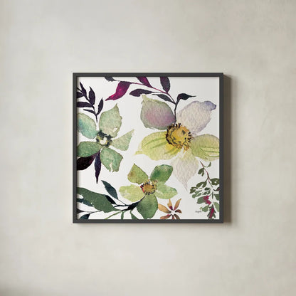 Hellebore Ya Doing III by Kristy Rice. Shown in a sleek black glass frame for a contemporary gallery look. Available as an archival giclee rolled canvas, fine art paper, or poster print. SKU 44118a.