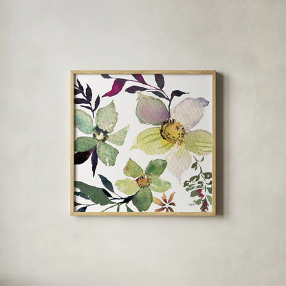 Hellebore Ya Doing III by Kristy Rice. Shown in a natural wood glass frame for a timeless modern aesthetic. Available as an archival giclee rolled canvas, fine art paper, or poster print. SKU 44118a.